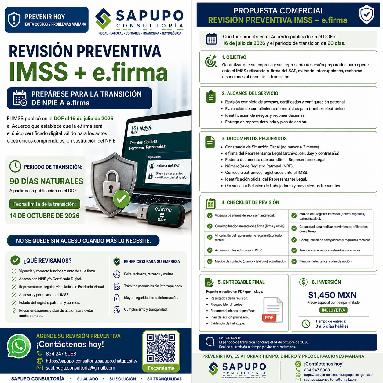 Propuesta comercial de revisión preventiva IMSS y e.firma por 1,450 pesos