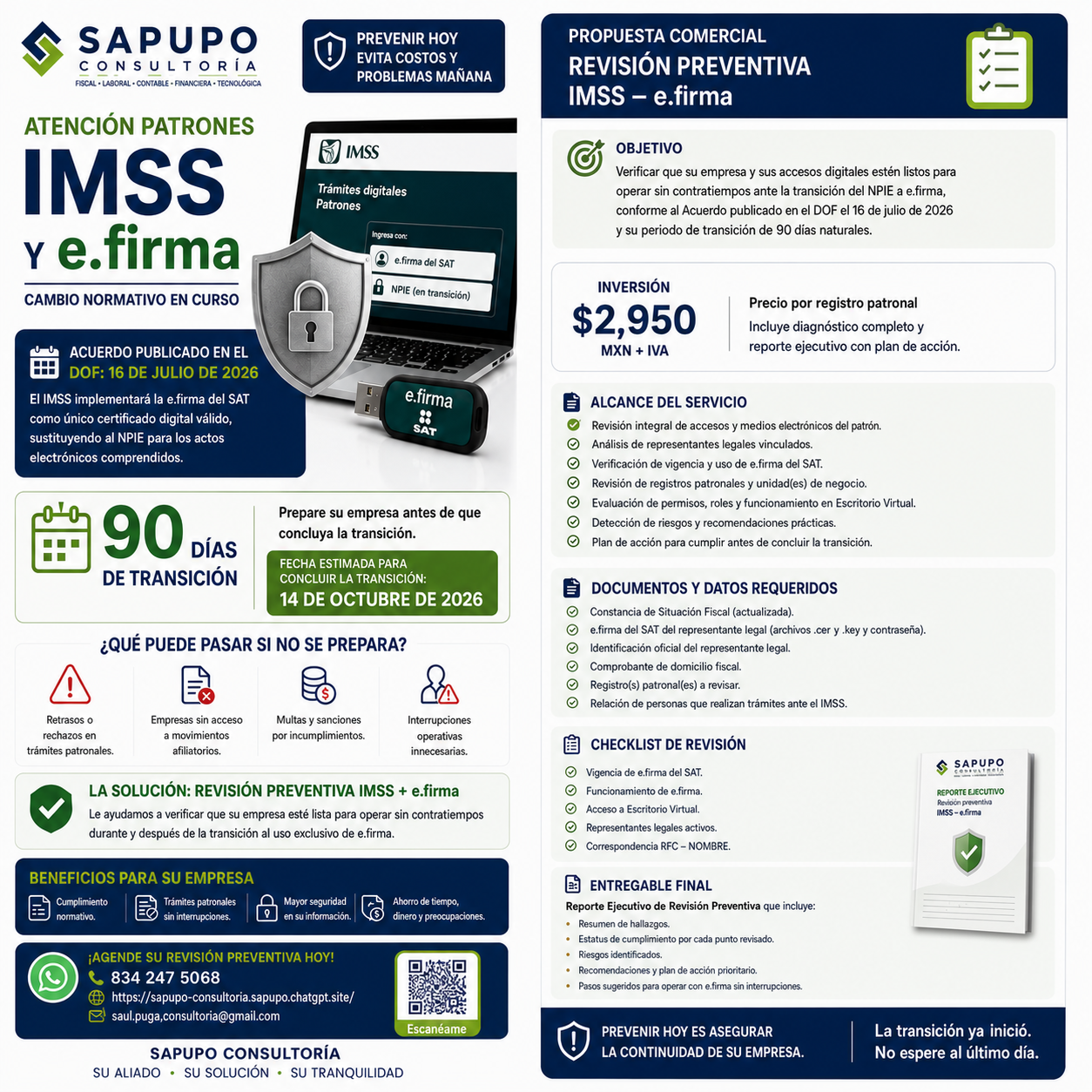 Propuesta comercial de revisión preventiva IMSS y e.firma por 2,950 pesos más IVA
